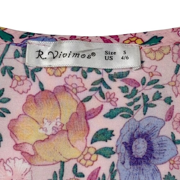 R Vivimos Tiered Floral Maxi Dress Sz.S Pink Short Sleeve Cottage Boho Romantic - Picture 6 of 16
